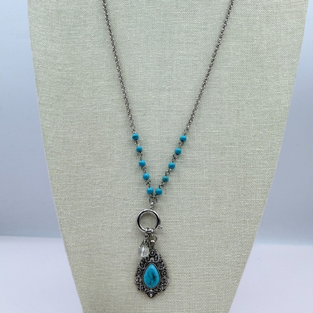 Vintage 90s Silver Tone Turquoise Beaded Teardrop Pendant Necklace Boho Jewelry - Picture 7 of 11